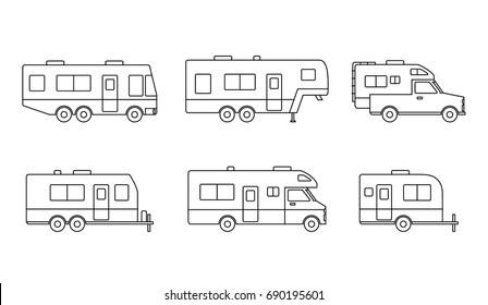 Auto RVs, Camper vans / Camping cars icons set. Simple flat design truck trailers, recreational types vehicles for app ui ux web button, interface pictogram elements isolated on white background