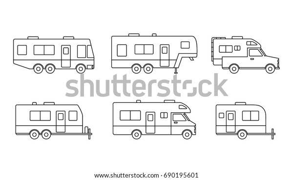Auto RVs, Camper vans / Camping cars icons\
set. Simple flat design truck trailers, recreational types vehicles\
for app ui ux web button, interface pictogram elements isolated on\
white background