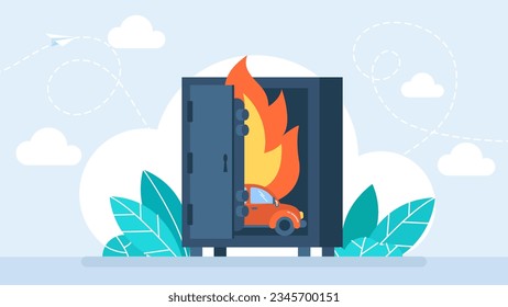 Auto in safe. Protection of the vehicle. Road accident. Car on fire. Flame and smoke. Burning automobile motor. Vehicle insurance. Transport safety. Engine blazing. Vector flat illustration