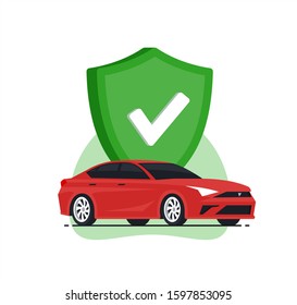 Auto safety concept. Car insurance. Red car with green shield. Vector illustration in flat style.