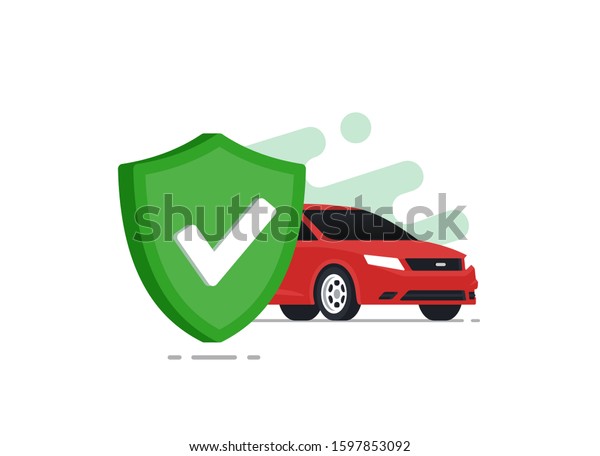 Auto safetyconcept. Car\
insurance. Red car with green shield. Vector illustration in flat\
style.