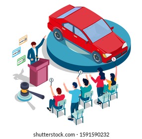 Auto sale auction, vector illustration. Isometric red car on podium, auctioneer with gavel and people with bid paddles. Auction and bidding composition for web banner, website page etc.