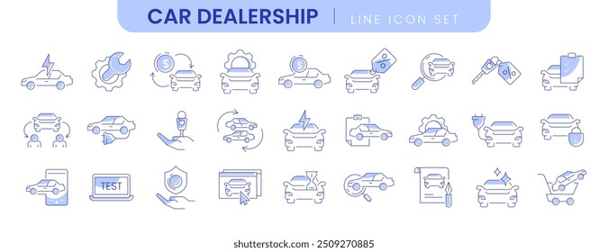 Auto sale dealership editable stroke icons. Thin line set of car dealer, automotive industry, vehicle trade center or store. Blue linear symbols of rental service, repair and transportation insurance