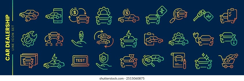 Auto sale dealership line gradient icons. Automotive industry, car dealers, vehicle trade center thin linear set. Rental service, automobile repair shop, purchase agreement or transportation insurance