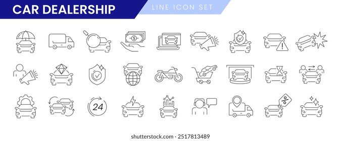 Symbolsatz für Händlerposition des automatischen Verkaufs. Automobilindustrie, Autohändler, Fahrzeughandelszentrum lineare Symbole. Mietservice, Motorradreparatur, Kaufvertrag, Transportversicherung oder Garantie