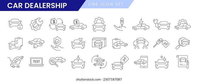 Conjunto de iconos de línea delgada de concesionario de venta automática. Concesionarios de automóviles, industria automotriz, centro de comercio de vehículos o símbolos lineales de salón de tienda. Servicio de alquiler, reparación, compra de Acuerdo y seguro de transporte