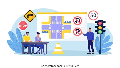 Auto school lesson. People studying traffic rules, road signs in driving school and passing exams. Students learning to drive safety. Instructor teaches beginners drivers for receiving driving license