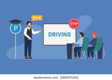 Auto school lesson. People studying to get drivers license 2d vector illustration concept for banner, website, illustration, landing page, flyer, etc.