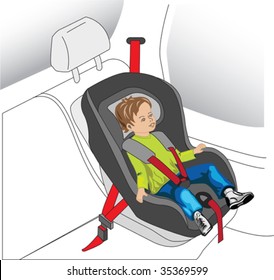 Auto Seat For Child, Boy With Safety Belt On