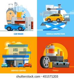 Auto service 2x2 design concept set of car wash vehicle inspection service center and tools for repair flat vector illustration 