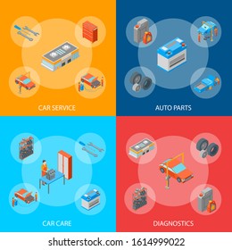 Auto Service 3d Banner Set Isometric View Include of Wheel, Oil, Garage and Battery. Vector illustration of Icons