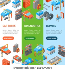 Auto Service 3d Banner Vecrtical Set Isometric View Include of Wheel, Oil, Garage and Battery. Vector illustration of Icons