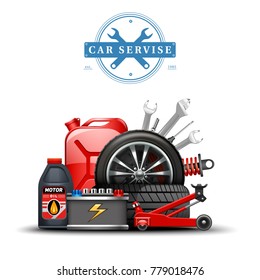 Auto service accessories colorful 3d composition with spanner oil car lift gasoline canister and battery vector illustration  svg