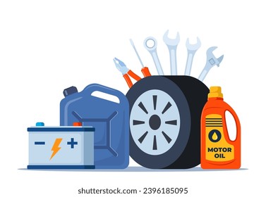 Auto service accessories composition with tool kit, gasoline canister and battery. Vector illustration