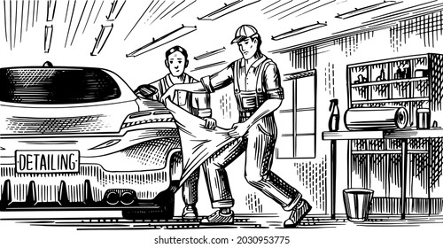 Auto service or Automobile center. Repair Garage. Fixing Car Engine. Vehicle detailing and tuning. Mechanics and technicians. Wrapping Specialist Putting Vinyl Foil Film. Hand drawn sketch line.