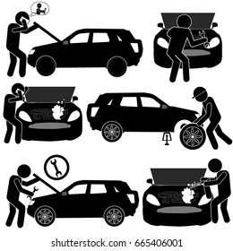 Auto Service Background with Car Problems Fixing by Specialists. Stick Figure Pictogram Icon