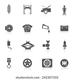 Auto service black icon set with automobile battery car parts transport service symbols isolated vector illustration