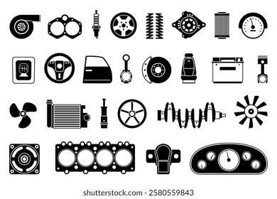 Auto service black icons. Garage equipment for assembly or car repair. Different parts of automobile, boats and ships. Mechanical industry recent vector set