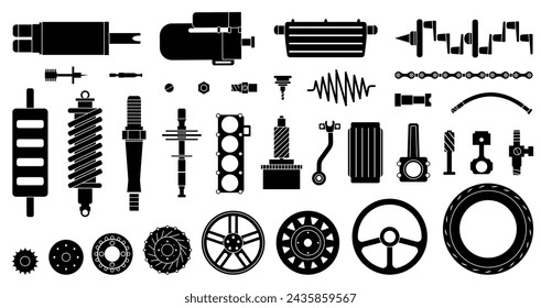 Auto service black icons. Various mechanisms, automobile spare parts. Adapter, wheels and gears, valve, chains and pipes, decent vector collection