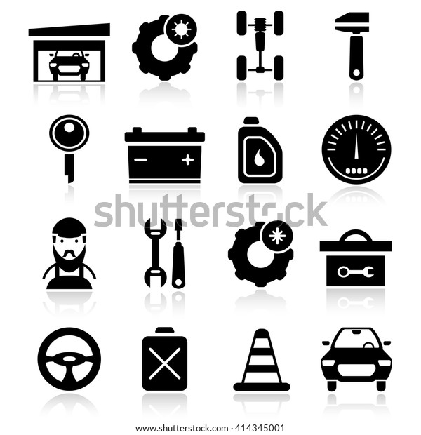 Auto\
service black white icons set with car battery garage toolbox\
speedometer oil fuel isolated vector\
illustration