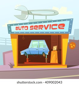 Auto service building cartoon background with car inside vector illustration 