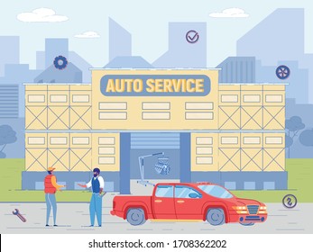Auto Service Building. Mechanic Repairman Give Key to Repaired Car Owner. Automobile Computer Diagnostics, Fixing Problem, Change Tire, Maintenance Service. Auto Center Vector Illustration