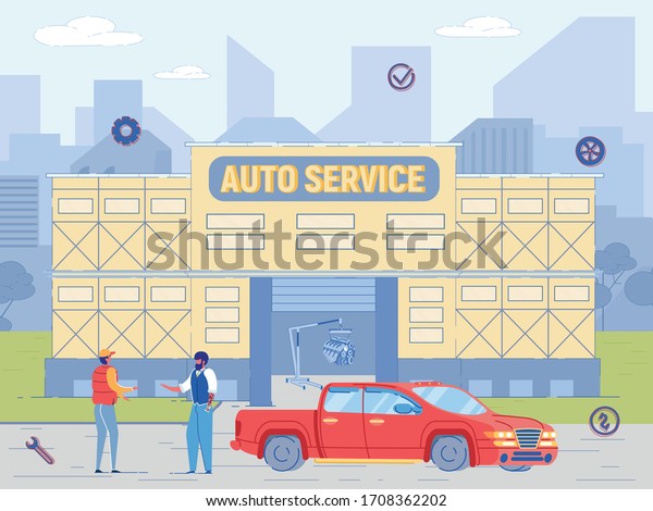 Auto Service Building. Mechanic Repairman\
Give Key to Repaired Car Owner. Automobile Computer Diagnostics,\
Fixing Problem, Change Tire, Maintenance Service. Auto Center\
Vector Illustration