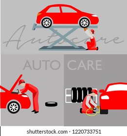 Auto service car diagnostics and repair center mechanics, Garage Service Icons and Illustration, Flat Design