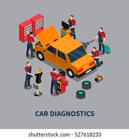 Auto Service Car Diagnostics And Repair Center Mechanics Testing Vehicle Isometric Composition Gray Background Poster Vector Illustration 