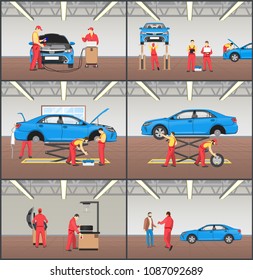 Auto service and car garage color vector cards set illustration of working processes in automobile workshop, vehicle inspection, problem diagnostic