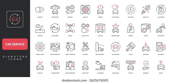 Auto service, Car garage icon set. Fix vehicle problem in workshop outline symbols vector illustration. Car maintenance and repair service, auto shop, insurance line icon set.