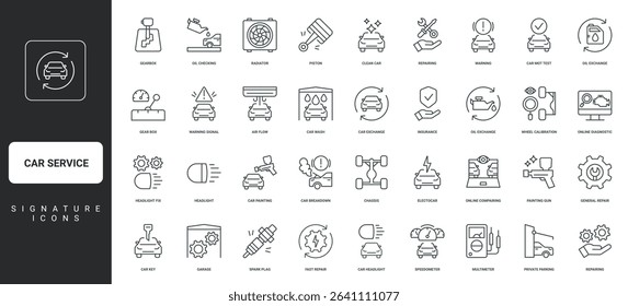 Auto service, Car garage icon set. Fix vehicle problem in workshop outline symbols vector illustration. Car maintenance and repair service, auto shop, insurance line icon set.