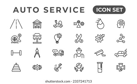 Servicio automático y garaje de coches Juego de iconos de línea delgada, colección de iconos de contorno simple, iconos de Pixel Perfect, Ilustración vectorial simple.