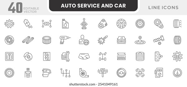 Servicio automático y conjunto de iconos de línea de coche. Coche, automóvil, lavado, tienda, aceite, mantenimiento, motor, diagnóstico, reparación, servicios, repuesto, línea de mantenimiento conjunto de iconos. Paquete de iconos de línea delgada de interfaz de usuario.