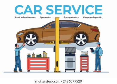 Ilustración del concepto de mantenimiento y reparación de automóviles. Un equipo de mecánicos de automóviles comprueba y mantiene un coche en un ascensor en un taller de servicio. Ilustración vectorial.