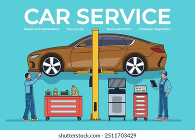 Auto-Service, Auto-Wartung und Reparatur Konzept Illustration. Ein Team von Automechanikern überprüft und wartet ein Auto auf einem Aufzug in einer Werkstatt. Vektorgrafik.