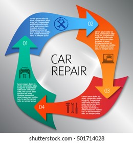 Auto service and car repair background with icons designelements on vertical rectangular banner. Modern business presentation templatefor car newsletter. Vector illustration eps 10