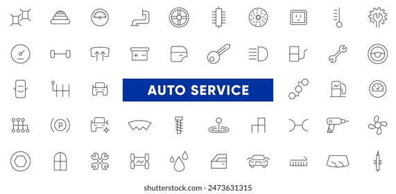 Servicio automático, reparación de coches icono conjunto. Reparacion, mantenimiento, inspeccion, piezas, unidades, Elementos linea icon pack. Iconos de contorno fino Vector