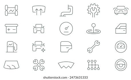 Auto service, car repair icon set. Car servicing and garage. repair, maintenance, inspection, parts, units, elements line icon pack. Thin outline icons vector