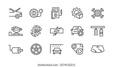 Auto service, Car repair line icon set. Spare Component, Replacement Part, Auto Spare, Car Part, Vehicle, system, energy, wash, shop, oil, maintenance line icon set. UI thin line icon pack.