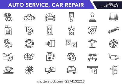 Auto service, Car repair line icon set. Spare Component, Replacement Part, Auto Spare, Car Part, Vehicle, system, energy, wash, shop, oil, maintenance line icon set. UI thin line icon pack.