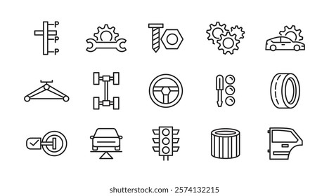 Auto service, Car repair line icon set. Spare Component, Replacement Part, Auto Spare, Car Part, Vehicle, system, energy, wash, shop, oil, maintenance line icon set. UI thin line icon pack.