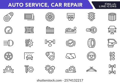 Auto service, Car repair line icon set. Spare Component, Replacement Part, Auto Spare, Car Part, Vehicle, system, energy, wash, shop, oil, maintenance line icon set. UI thin line icon pack.