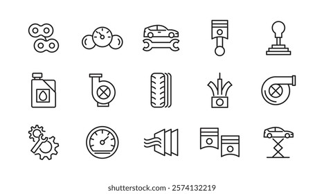 Auto service, Car repair line icon set. Spare Component, Replacement Part, Auto Spare, Car Part, Vehicle, system, energy, wash, shop, oil, maintenance line icon set. UI thin line icon pack.