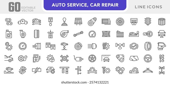 Auto service, Car repair line icon set. Spare Component, Replacement Part, Auto Spare, Car Part, Vehicle, system, energy, wash, shop, oil, maintenance line icon set. UI thin line icon pack.