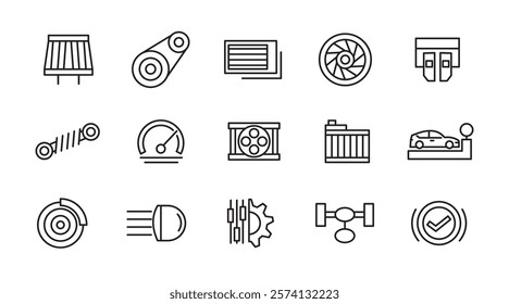 Auto service, Car repair line icon set. Spare Component, Replacement Part, Auto Spare, Car Part, Vehicle, system, energy, wash, shop, oil, maintenance line icon set. UI thin line icon pack.