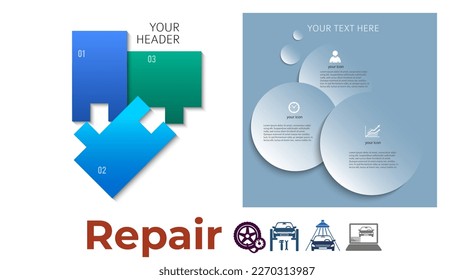 Auto service and car repair and tire infographics style background with icons design elements. Modern business presentation template. Vector illustration eps 10