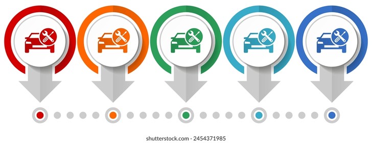 Auto service, car repair vector icon set, flat design infographic template, set pointer concept icons in 5 color options for webdesign and mobile applications