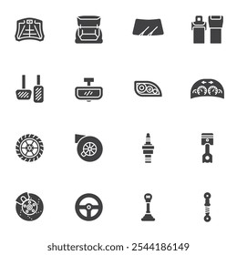 Servicio automático, conjunto de iconos vectoriales de reparación de automóviles, colección de símbolos sólidos modernos, paquete de pictogramas de estilo relleno. Ilustración de logotipo de signos. El sistema incluye iconos como piezas del coche, parabrisas, espejo, neumático, sistema de freno