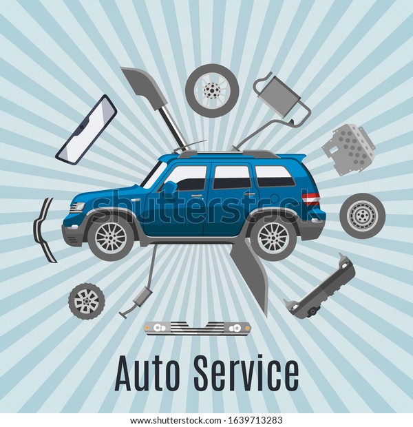 Auto service and car spares top view vector\
illustration. Auto diagnostics test service, protection insurance\
or vehicle electronics parts service shop. Repair. Smart technology\
for auto cars poster.